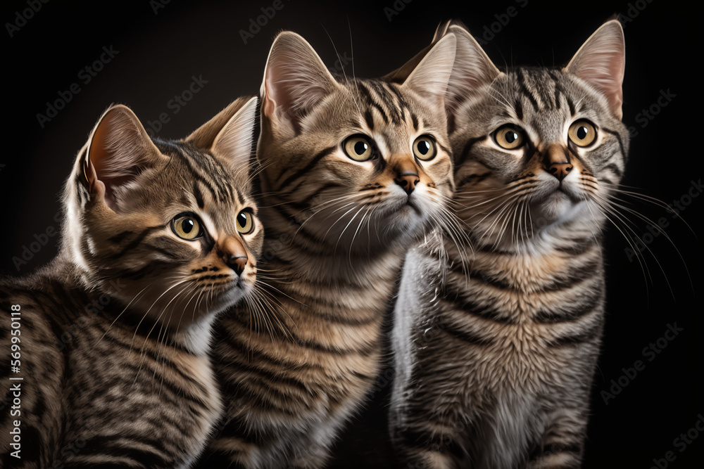 portrait of a various european tabby cats, close up, in a studio, setting using full color and utilizing professional lighting such as softboxes and umbrellas to illuminate the subject