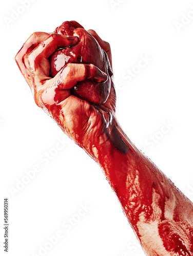 Bloody heart in male hand isolated on white © Nik_Merkulov