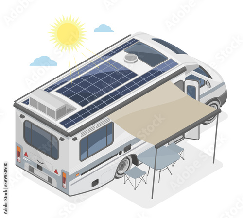 RV Recreational vehicle camper motor home with Flexible Solar Panels install on roof illustration isometric isolated vector 