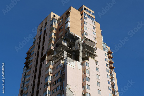 Russian missile damaged multi-storey dwelling building in Kiev city, Ukraine
