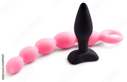 Adult silicon female sex toys for stimulation of body and masturbation isolated on white background