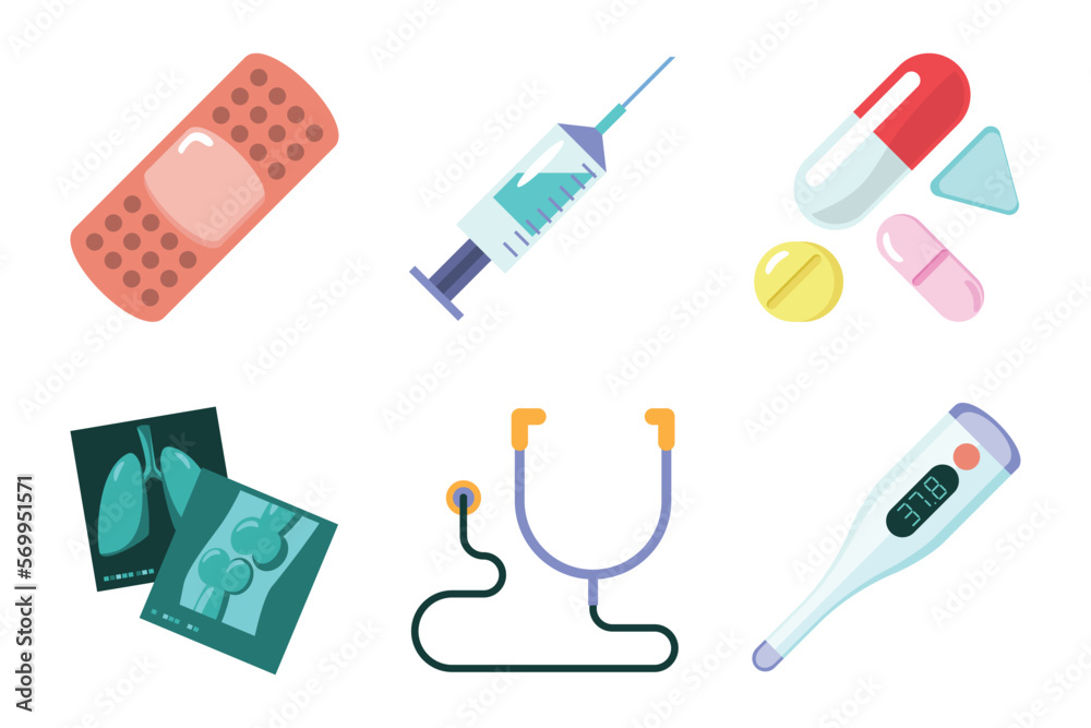 various medical equipment and doctor tool : drugs, pills, capsules, syringe, stethoscope, plaster, x-ray film, fever thermometer. vector set. isolated illustrations cartoon style.