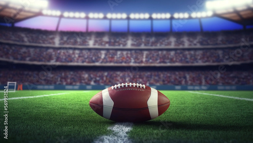 american football stadium, ball laying on green field, dramatic lighting created with Generative AI