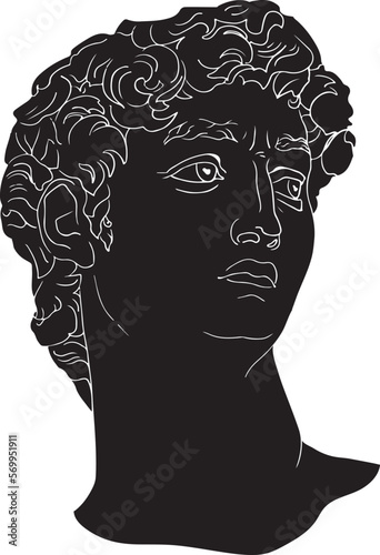 David sculpture. Greek sculpture. David's head, michelangelo sculpture, hand drawn, line, flat, boho colors