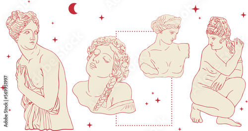 greek woman sculpture, antique classical sculpture, ancient sculpture, hand drawn, boho colors, vector