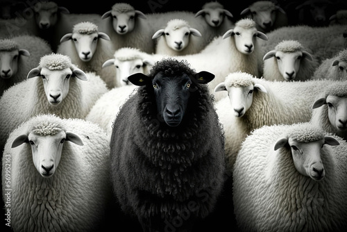 ein schwarzes Schaf wird von weissen Schafen umzingelt, a black sheep is surrounded by white sheep photo