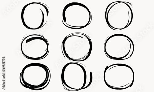 Doodle set of black hand drawn circle line sketch set. Vector circular scribble doodle round circles for message note mark design element.