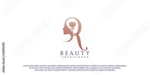 Beauty woman logo with initial letter R concept design premium vector