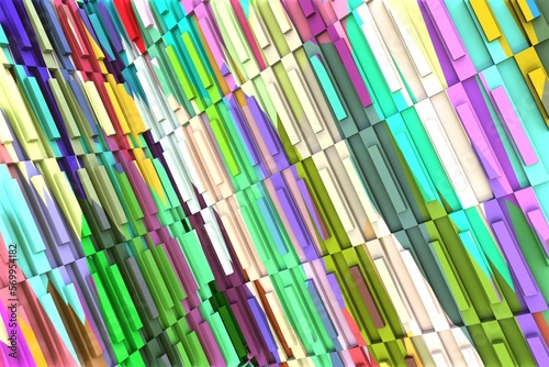 Fototapeta Naklejka Na Ścianę i Meble -  3D ILLUSTRATION RENDERING. ABSTRACT BACKGROUND SQUARE PATTERN DIMENSION OBJECT TRENDY COLORFUL GEOMETRY DISTORTED EFFECT GRAPHIC TEXTURE. PERSPECTIVE SCIENCE TECHNOLOGY PRESENTATION RANDOM DESIGN.
