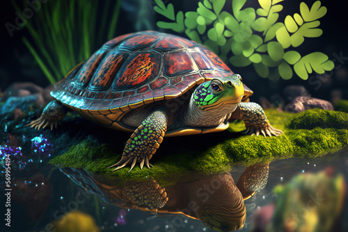 Turtle Illustration with Pond and Reflextion - AI Generative © Jim Vallee