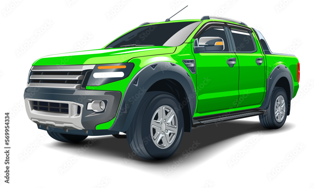 Realistic 3D vector green pickup four doors on white background - obrazy, fototapety, plakaty 
