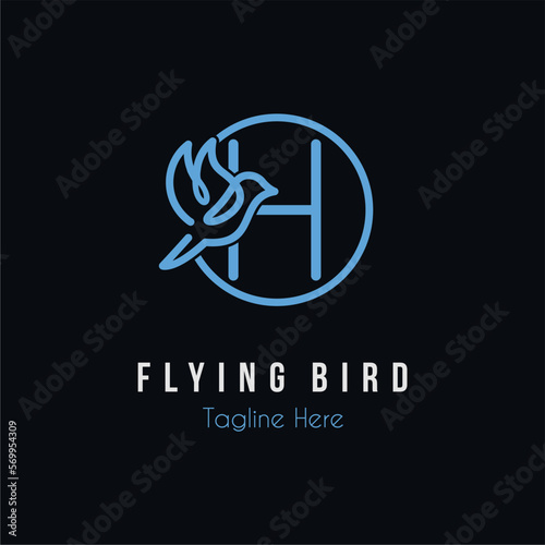 Initial H Letter and Flying Blue Bird Restaurant, Cafe, Digital, Technology Business Logo Idea Template