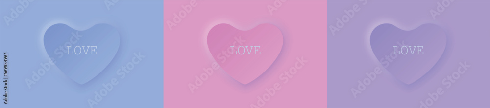 Cute pastel blue pink and purple backdrop with 3d heart frame. Happy Valentines day square background in neomorphism style for social media. Beautiful holiday banner template. Romance greeting