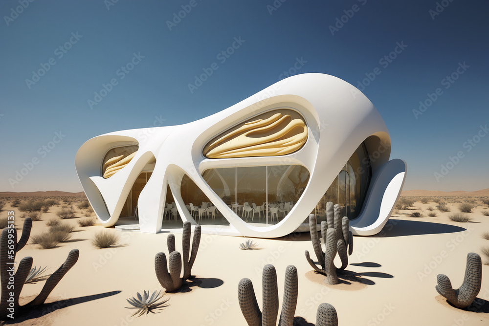 abstract 3d rendered illustration of a building in Desert, modern architecture with minimal and sleek design, Desert House,