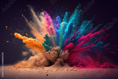 Colorful abstract dust explosion, splash of paints isolated on black background, generative ai
