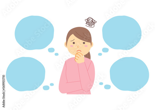 悩んでいる女性と吹き出しのイラスト_1
