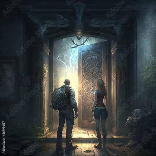 Two adventurers stand in front of a magic doorway. 