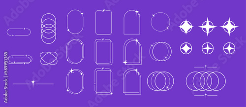 Modern minimalist aesthetic line elements. Trendy linear frames with stars, geometric forms. Arch frame with sparkles for social media, simple decorative border vector set.