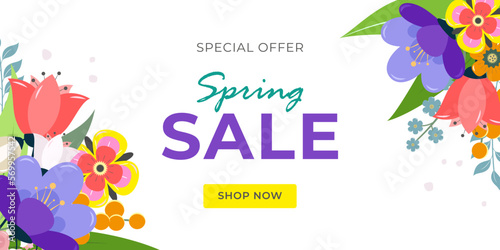 Banner spring sale discounts for goods up to 50% in the online store with bright flowers isolated