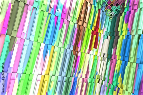 Fototapeta Naklejka Na Ścianę i Meble -  3D ILLUSTRATION RENDERING. ABSTRACT BACKGROUND SQUARE PATTERN DIMENSION OBJECT TRENDY COLORFUL GEOMETRY DISTORTED EFFECT GRAPHIC TEXTURE. PERSPECTIVE SCIENCE TECHNOLOGY PRESENTATION RANDOM DESIGN.