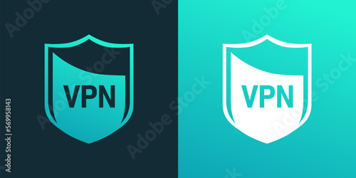 Shield emblem for sticker, logo or icon of VPN. Vector illustration isolated on black and turquoise color.
