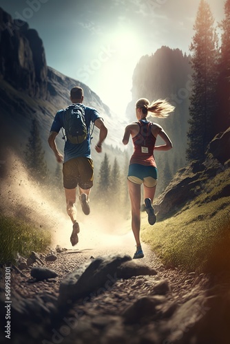 Couple running fast through forest and mountains, on trail run with motion blur © losmostachos