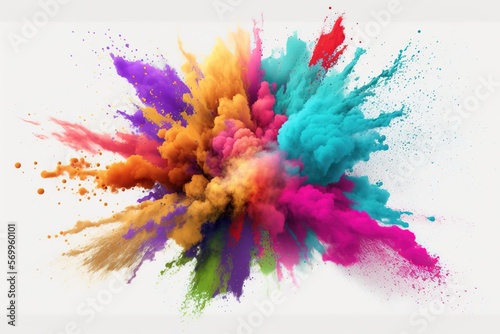Explosion of colored powder. Close up abstract dust on white background. Colored explosion. Paint holi Generative AI