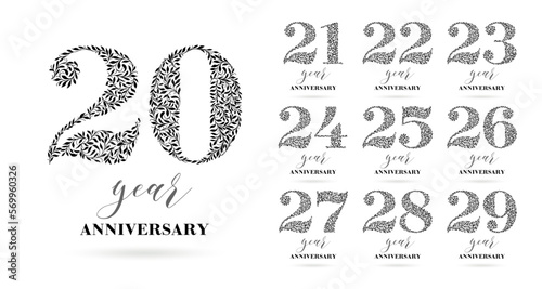 A set of logo designs from 20 to 29 years old. Number consists of a leaf pattern, no gradient fill. Anniversary logo design for holiday event, invitation, greeting, party, fashion, entertainment