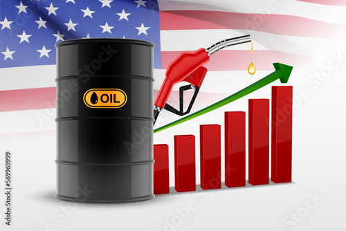 Oil price up growth graph. Fuel pump, barrels, high price charts rise. Oil industry concept. EPS10 vector