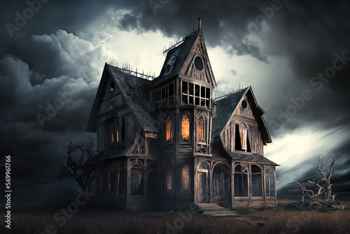 Dark atmospheric horror background. Haunted house. Dramatic sky, old, abandoned house, light in the windows. 3D illustration. (ai generated)