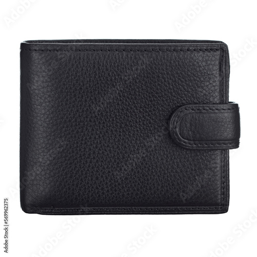 Classic men's wallet made of high-quality genuine black leather, with a clasp, isolated on a white background. Front view.
