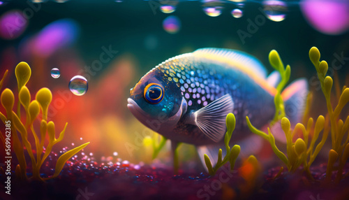 Beautiful Colorful Boesmans Rainbow Fish swimming in colorful coral reef in crystal clear waters. Generative AI photo