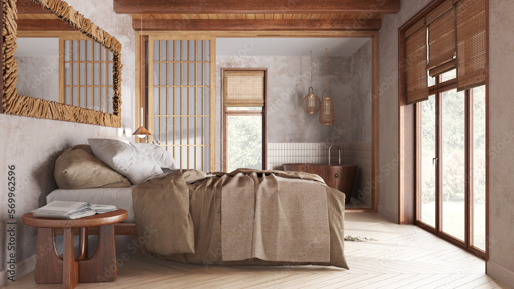 Japandi bedroom and bathroom in white and beige tones. Double bed ...