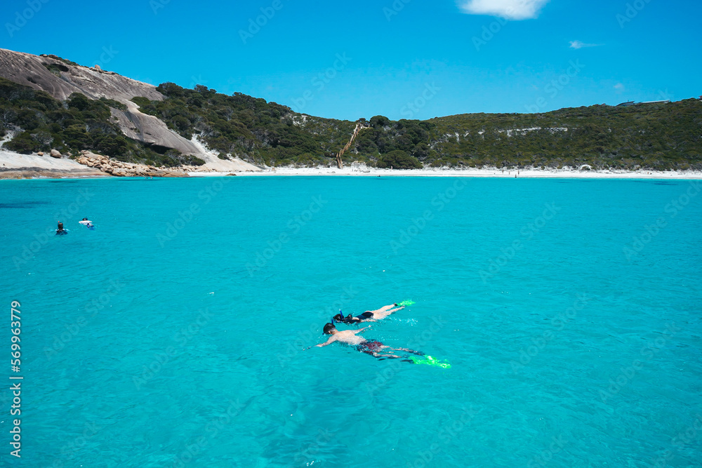 Snorkelling in the vibrant blue water of Blue Haven in Esperance, Western Australia
