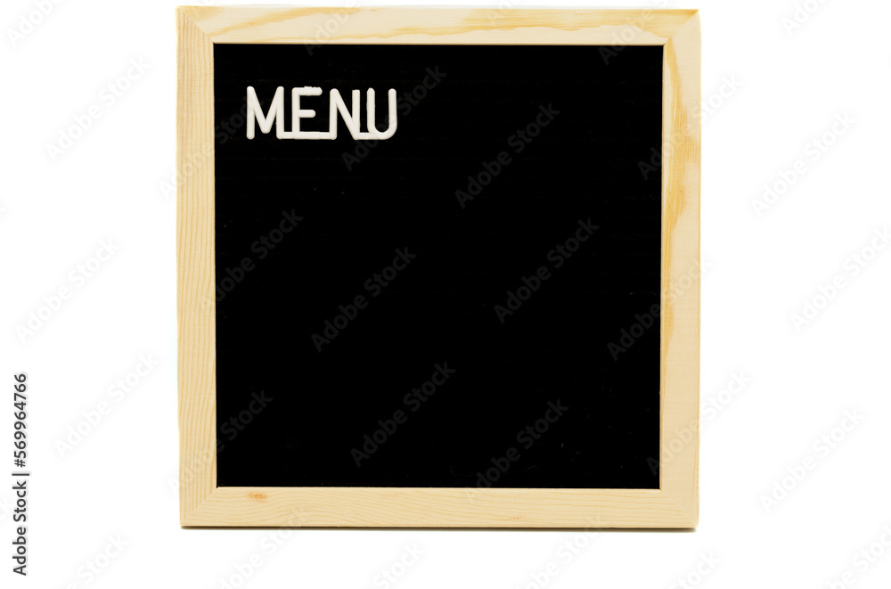 Menu sign on black wood frame on white background