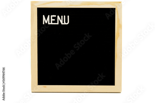 Menu sign on black wood frame on white background