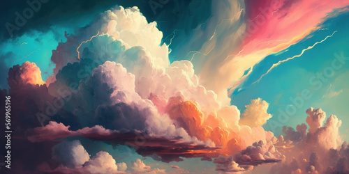 Panorama of pastel sunset sky and clouds painting backgroud. Generative AI © tonktiti