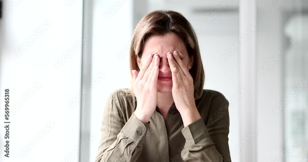 Sleepy tired woman rubbing her eyes and temples 4k movie slow motion Sleepy tired woman rubbing her eyes and temples 4k movie slow motion
