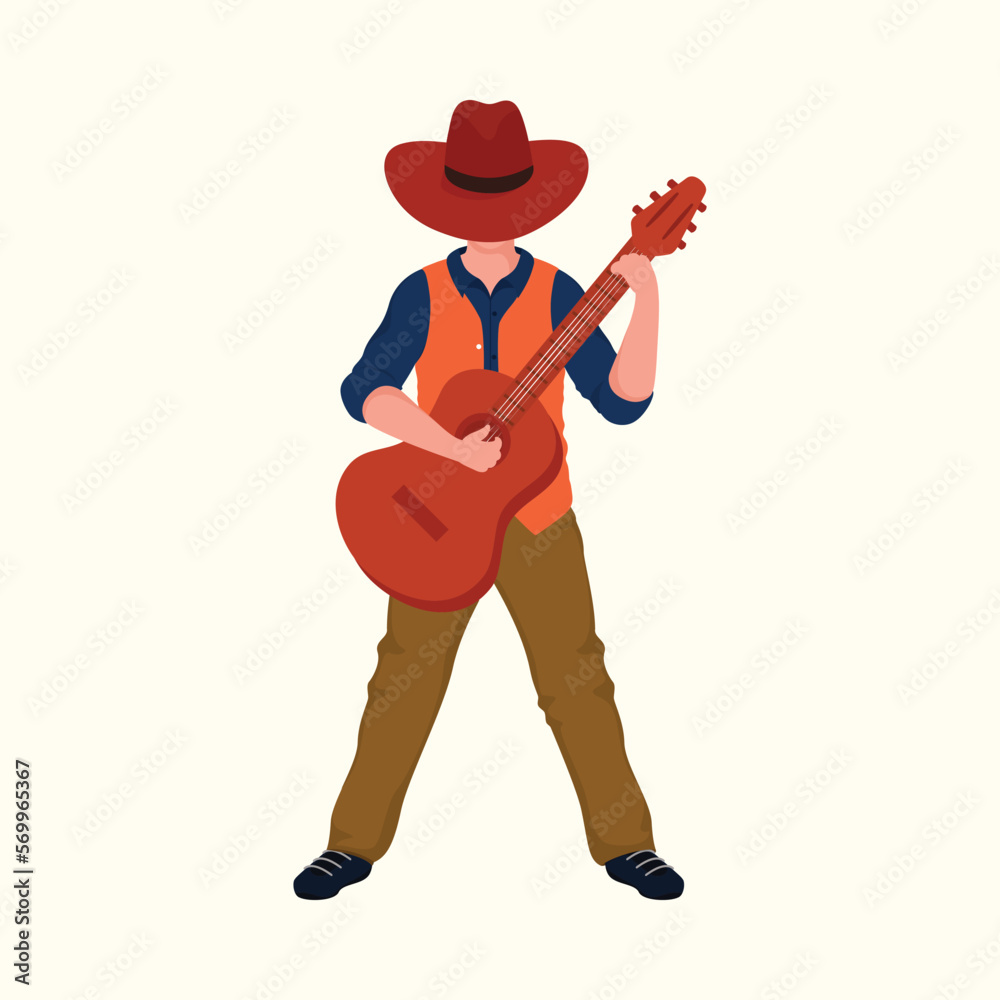 Young Cowboy Playing Guitar In Standing Pose. Young Cowboy Playing Guitar In Standing Pose.