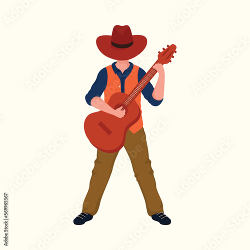 Young Cowboy Playing Guitar In Standing Pose.