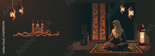 Arabic Islamic Calligraphy of Wishes (Dua) Bismillahirrahmanirrahim (in the name of Allah, most gracious, most merciful) And Muslim Woman Offering Prayer (Namaz) At Home.