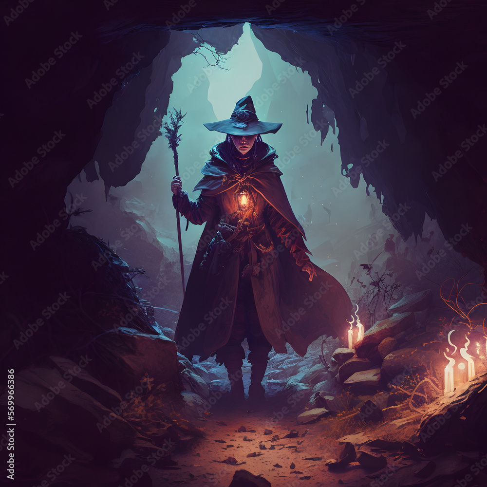 witch who has established a lair in the mountains - obrazy, fototapety, plakaty 
