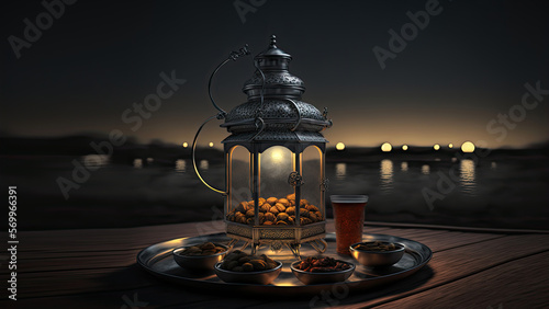 3D Render of Arabic Dates Jug With Glass And Bowl On Silver Plate And Realistic Woode Background. Islamic Religious Concept.