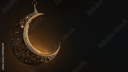 3D Render of Hanging Exquisite Shiny Carved Moon With Stars On Dark Background. Islamic Religious Concept.