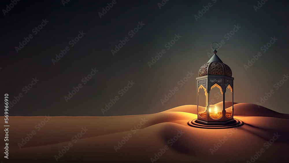 3D Render of Illuminated Arabic Lamp On Sand Dune. Islamic Religious Concept.