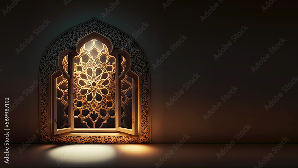 3D Render of Shiny Arabic Door or Window Arch And Copy Space. Islamic Religious Concept.