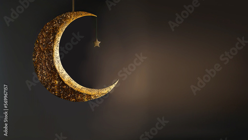 Hanging Exquisite Crescent Moon With Golden Shiny Star On Dark Background. 3D Render.