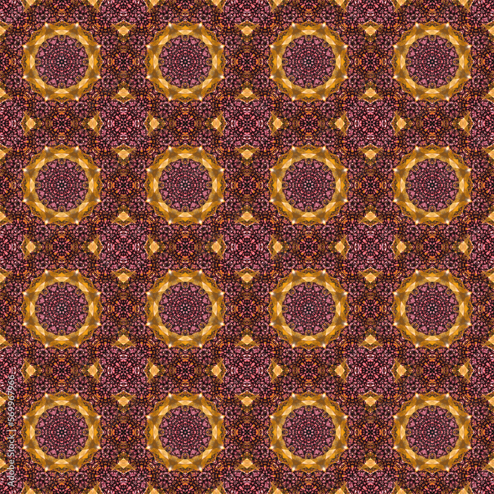 kaleidoscopic seamless pattern tile with small mandala inside Geometric ethnic repeat photo Design for background, carpet, wallpaper, clothing, wrap, Batik, abric, embroidery style.