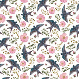 Watercolor pink flowers and swallow bird. Seamless pattern
