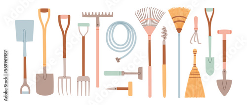 Set of gardening items in hand drawn style. Agricultural and garden tools for spring work. Vector isolated on white
